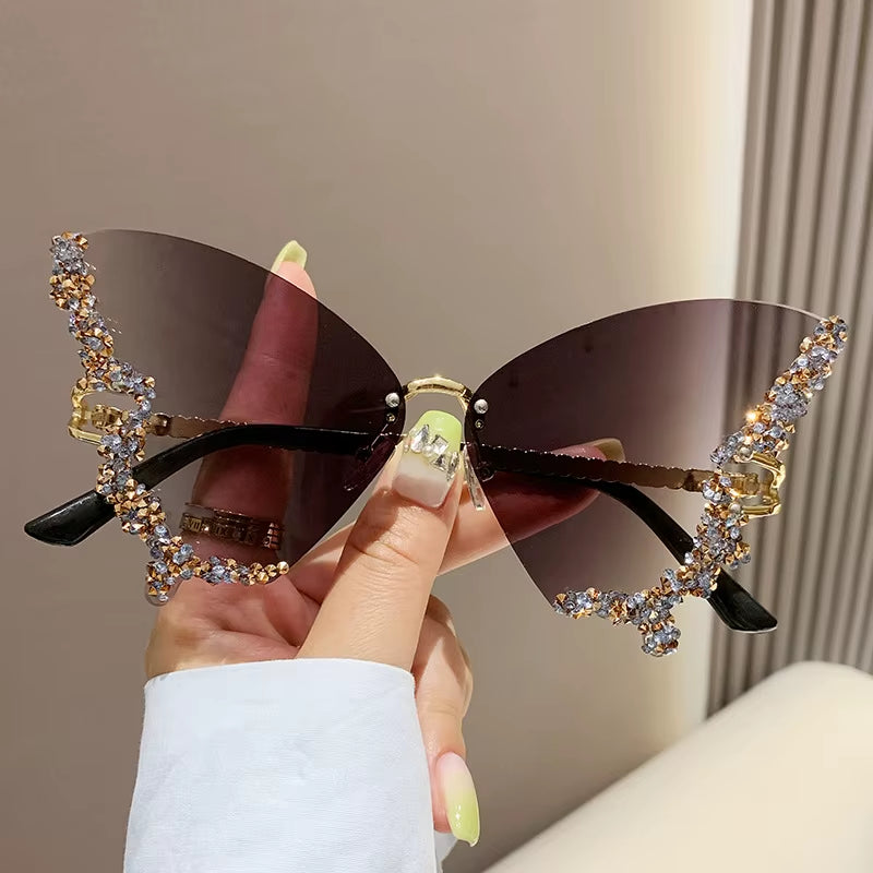 Luxury Diamond Butterfly Rimless Oversized Sunglasses