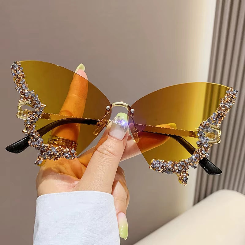 Luxury Diamond Butterfly Rimless Oversized Sunglasses