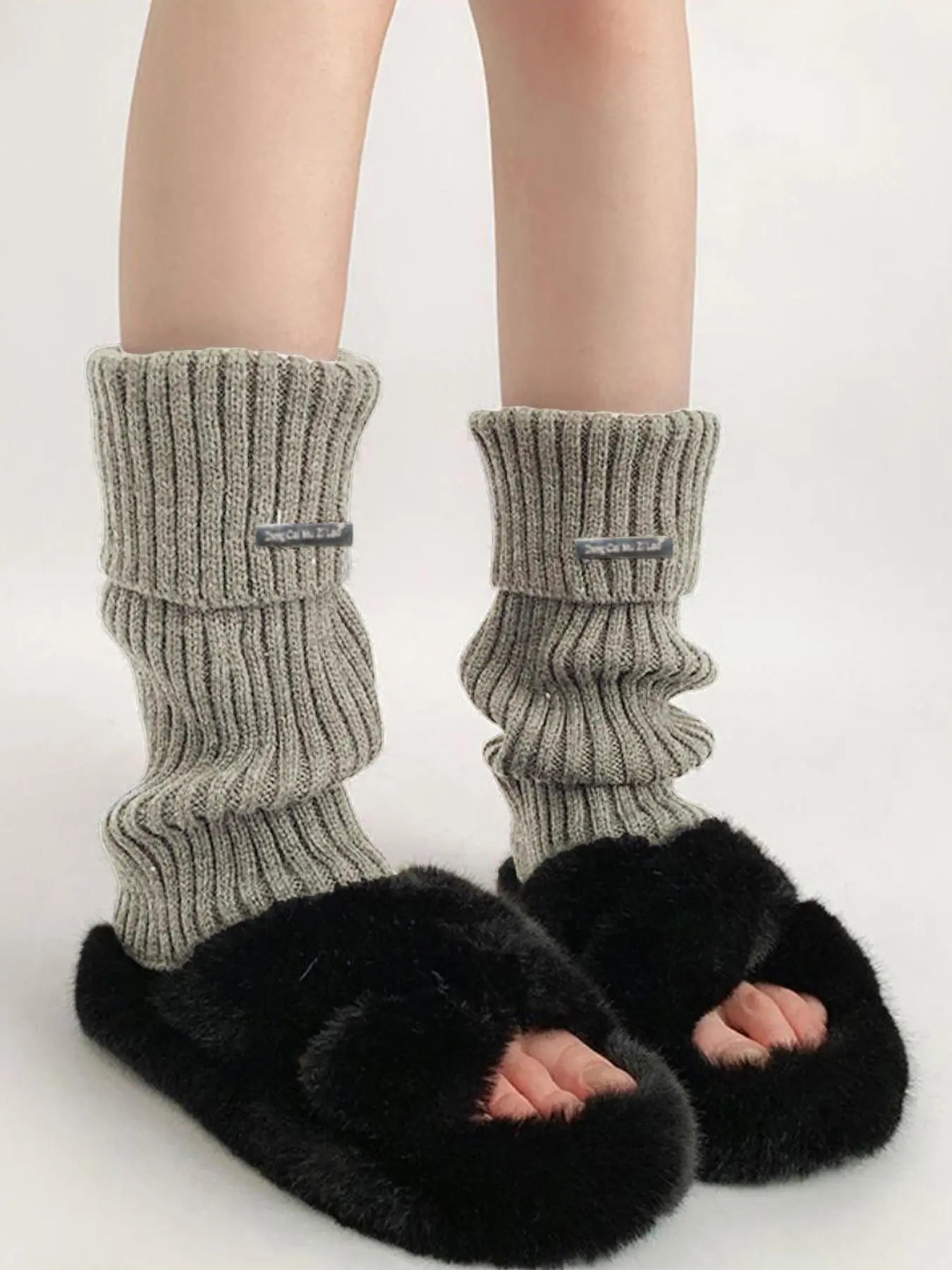 Women's Minimalist Solid Color Leg Warmers with Metal Label Detail