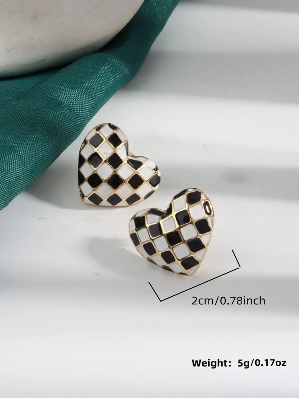 Checkerboard Heart-Shaped Enamel Stud Earrings
