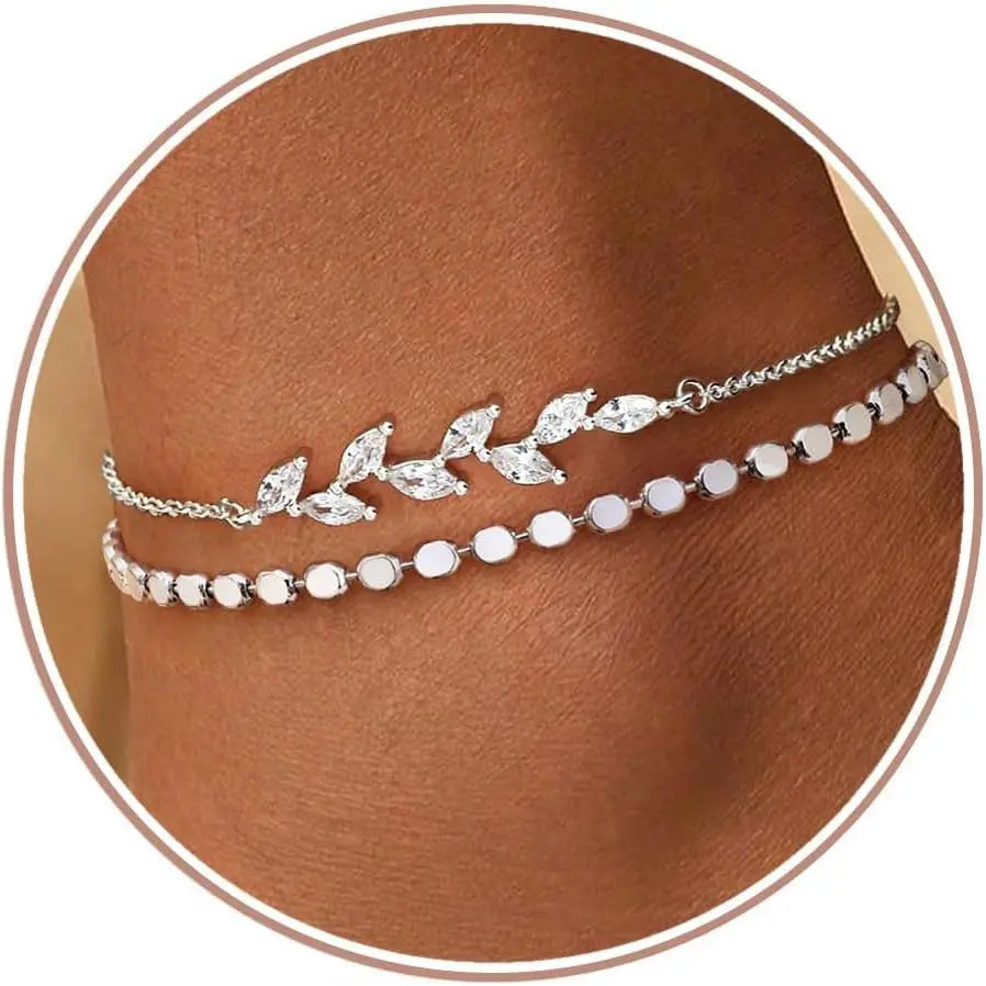 Cassieca Adjustable Silver Ankle Bracelet - 2PC Stackable