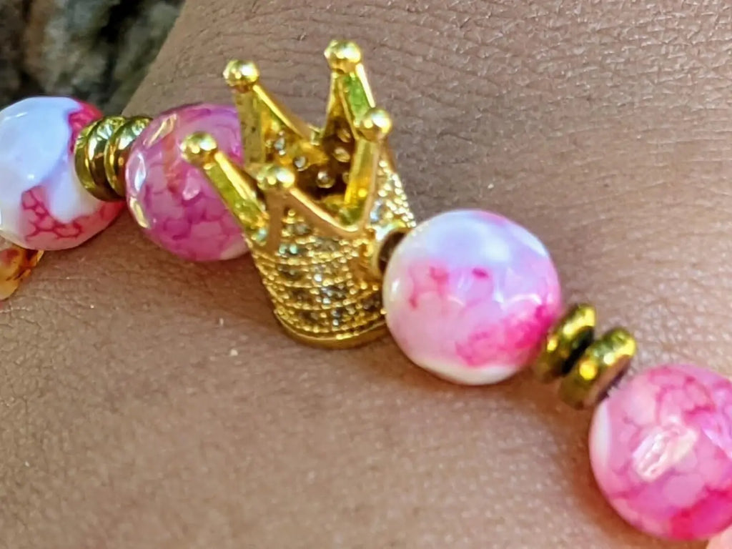 Golden Crown Bracelet featuring White and Pink Agate with Hematite Accents