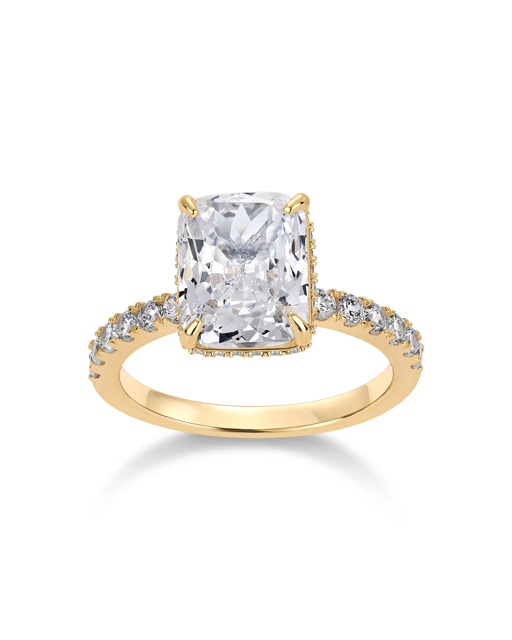 PAVOI 14K Gold Plated 3.5CT Square Radiant Cubic Zirconia Engagement and Promise Ring for Women with Hidden Halo Design