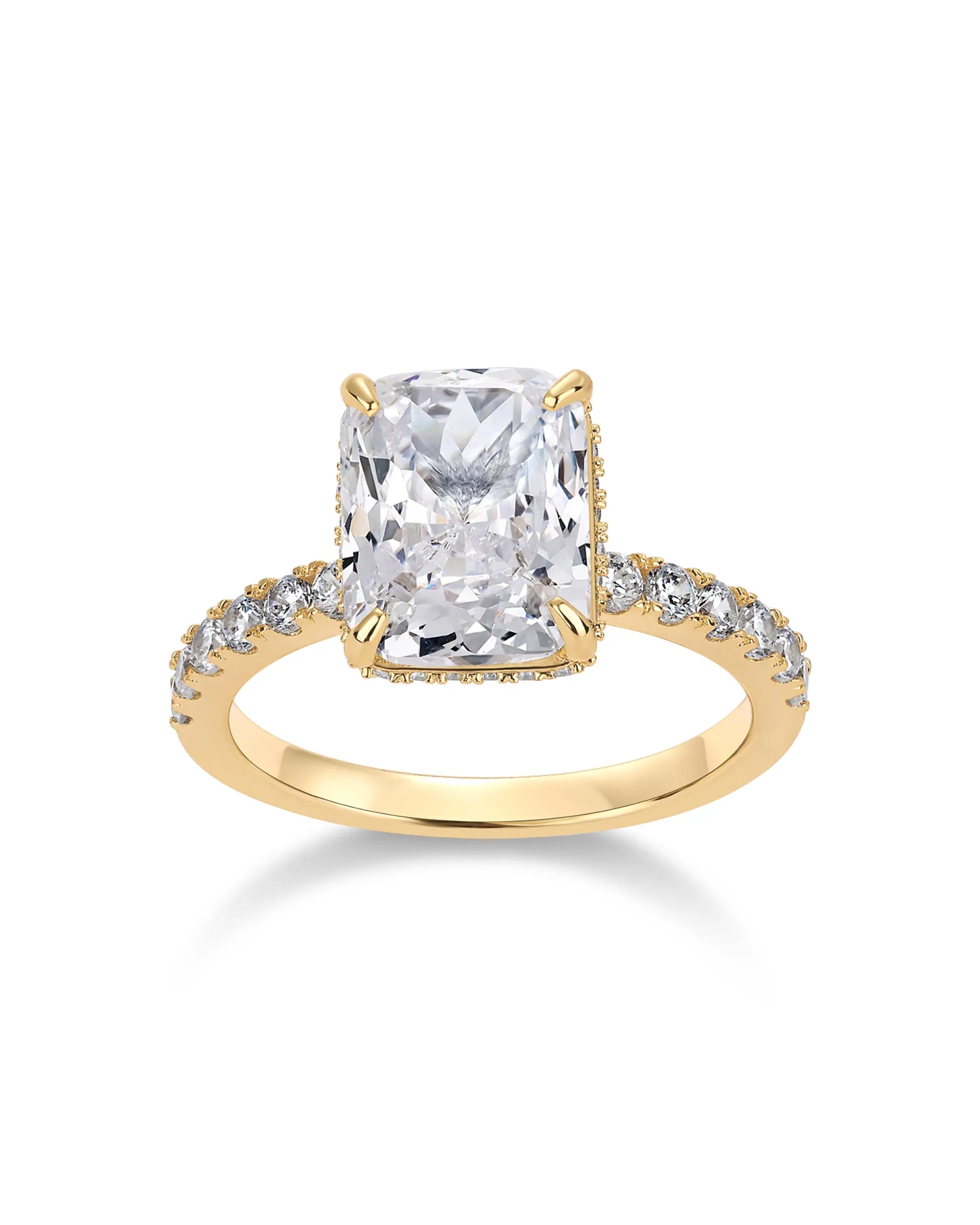 PAVOI 14K Gold Plated 3.5CT Square Radiant Cubic Zirconia Engagement and Promise Ring for Women with Hidden Halo Design