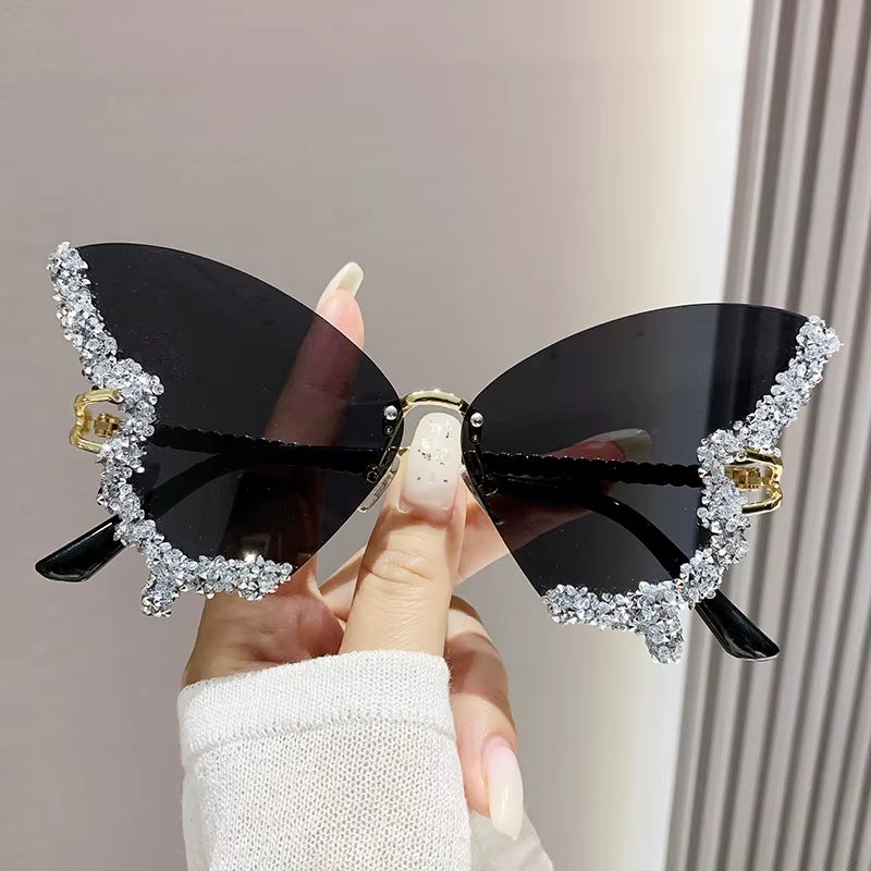 Luxury Diamond Butterfly Rimless Oversized Sunglasses