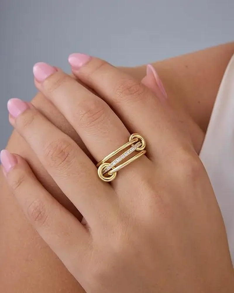 14K Gold Plated Interlocked Stackable Statement Ring for Women - Chunky Multi-Band Double & Triple Ring in Two-Tone Mixed Metals with Cubic Zirconia
