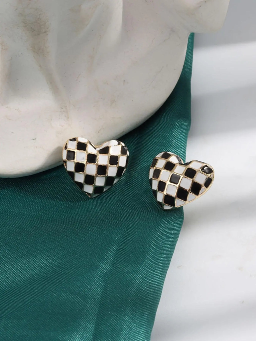 Checkerboard Heart-Shaped Enamel Stud Earrings