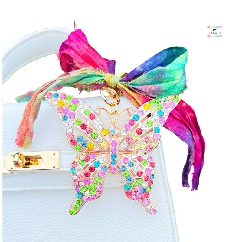 Rhinestone Butterfly Dreams Watercolor Rainbow Sari Silk Bow Bag Charm