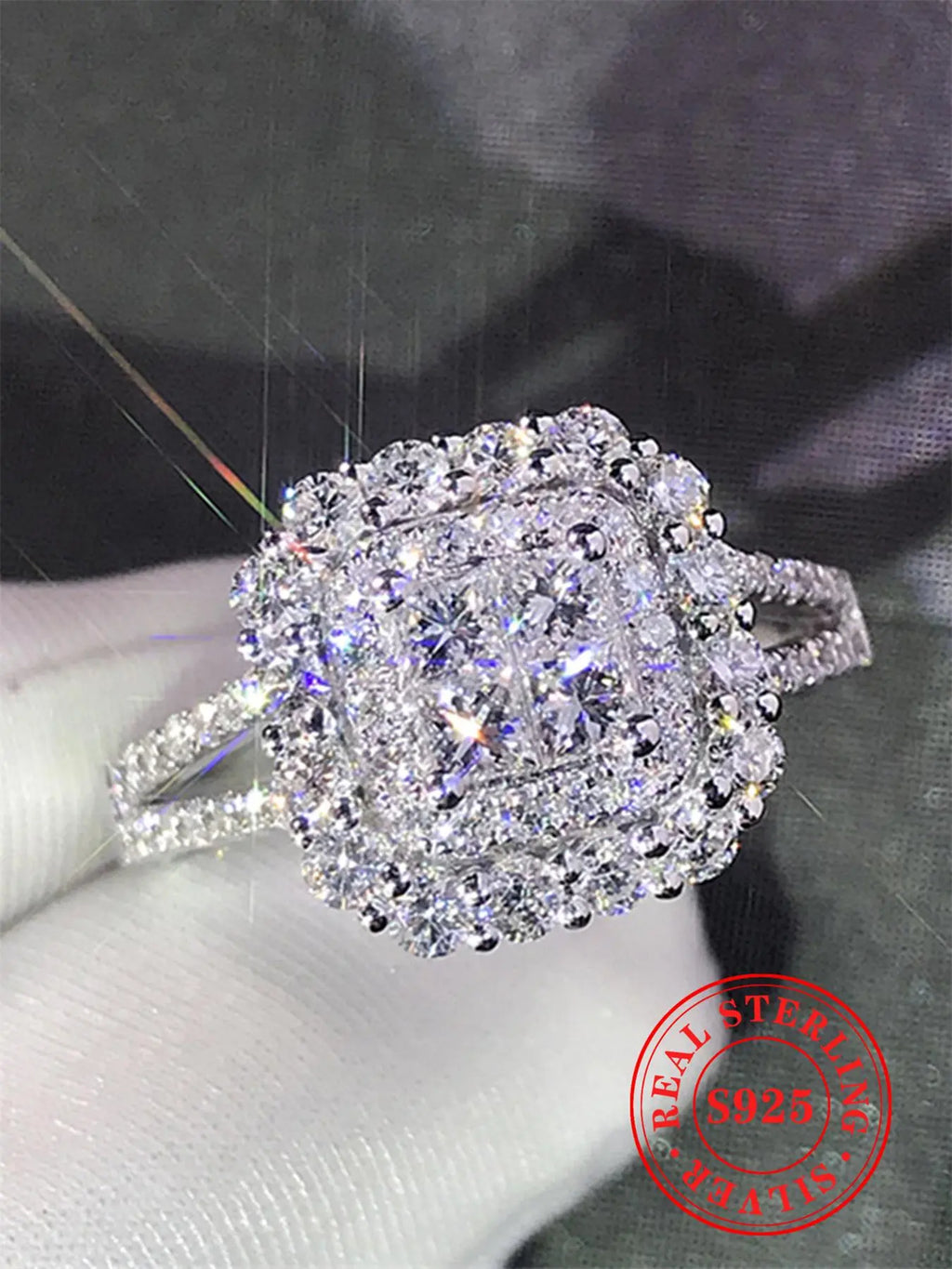 S925 Sterling Silver Square Shaped Rhinestone Pave Ring - Elegant Jewelry for Women, Perfect for Summer Parties and Daily Wear