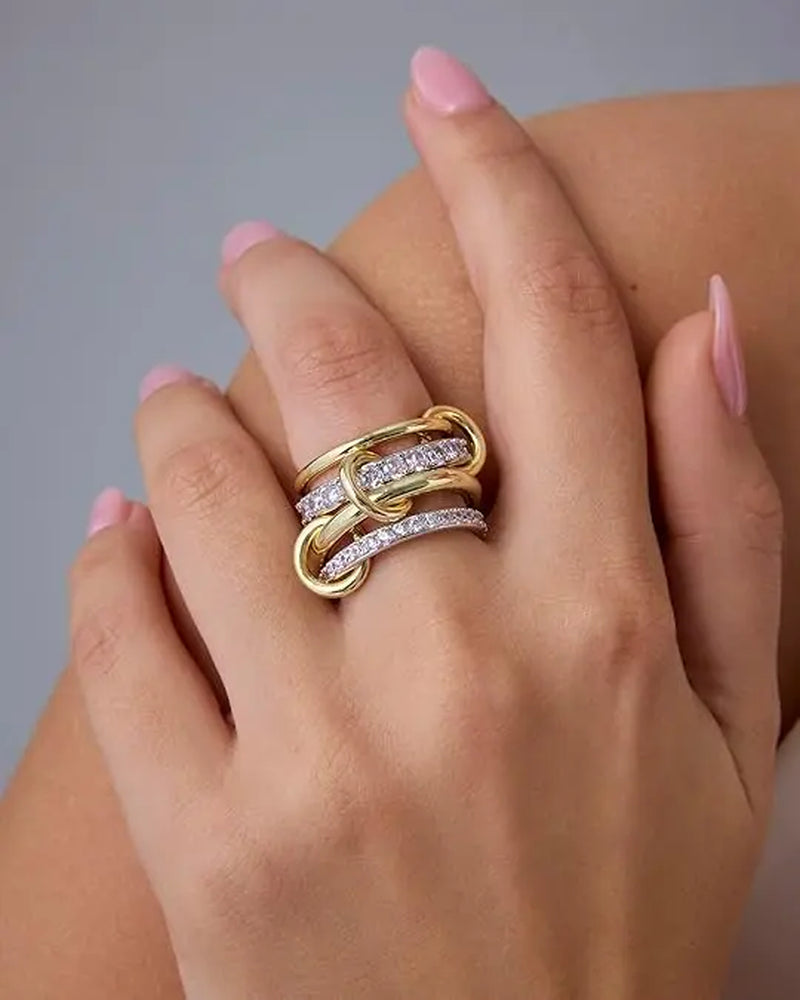 14K Gold Plated Interlocked Stackable Statement Ring for Women - Chunky Multi-Band Double & Triple Ring in Two-Tone Mixed Metals with Cubic Zirconia