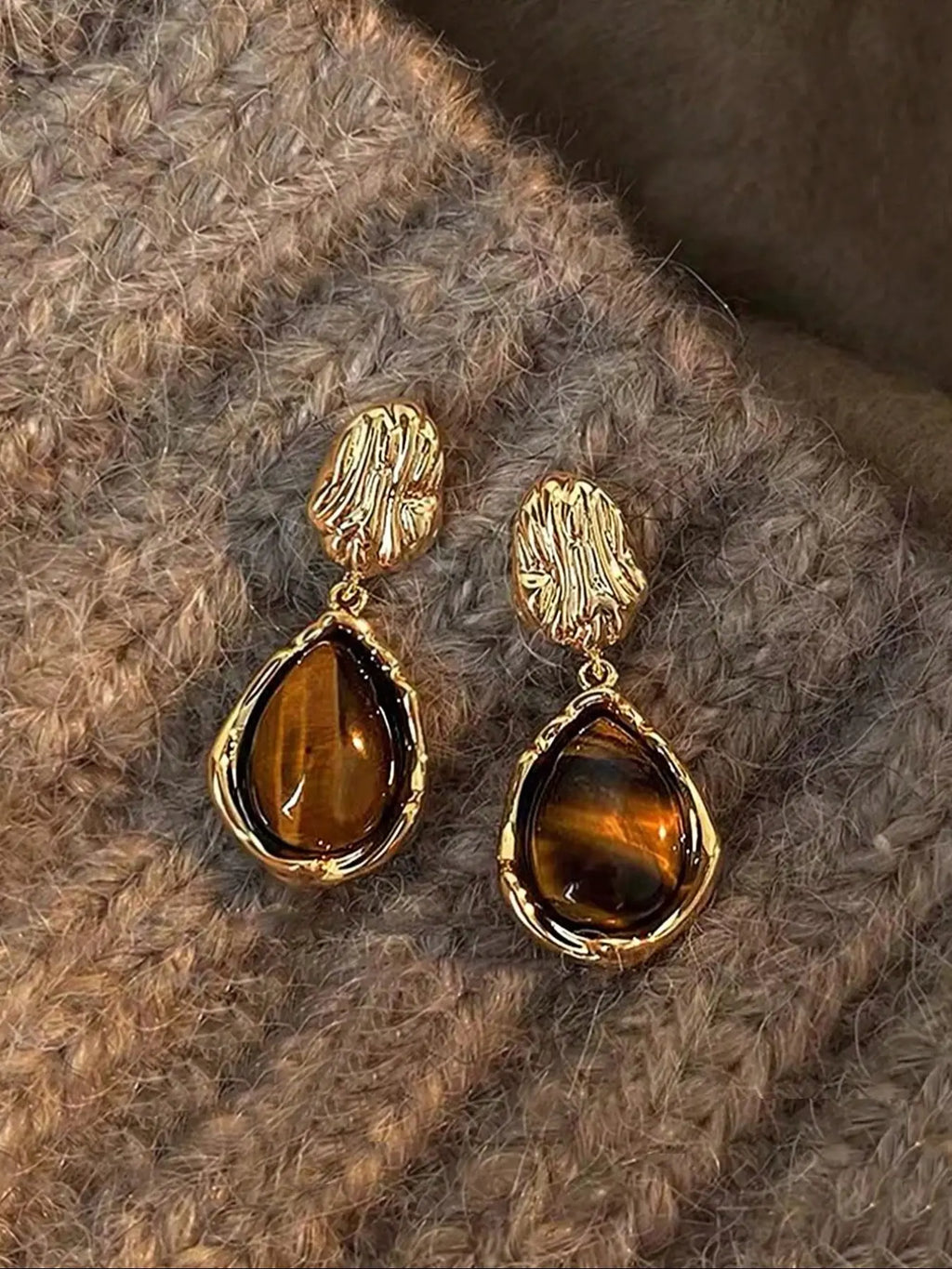 Tiger Eye Stone Hoop Earring Set