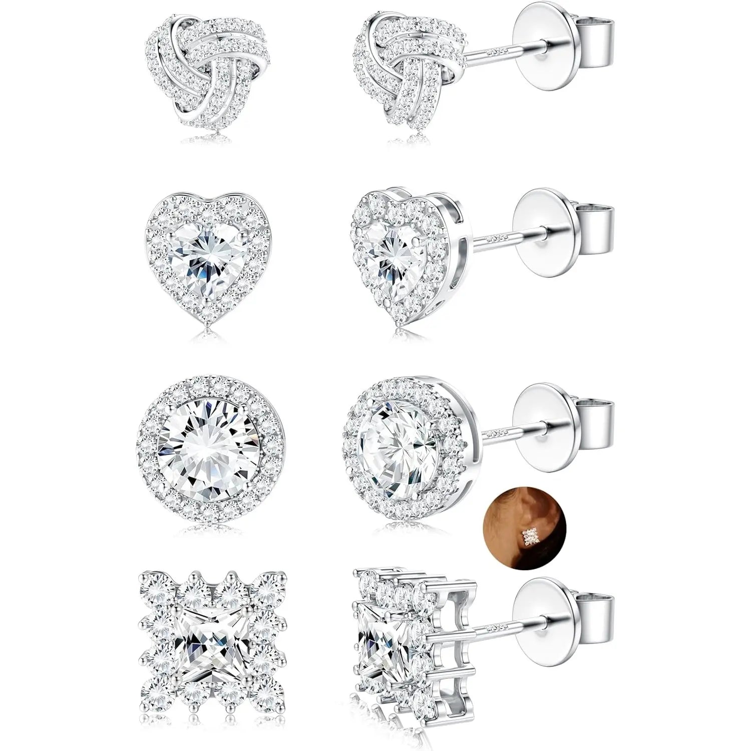 Sterling Silver CZ Stud Earrings Set