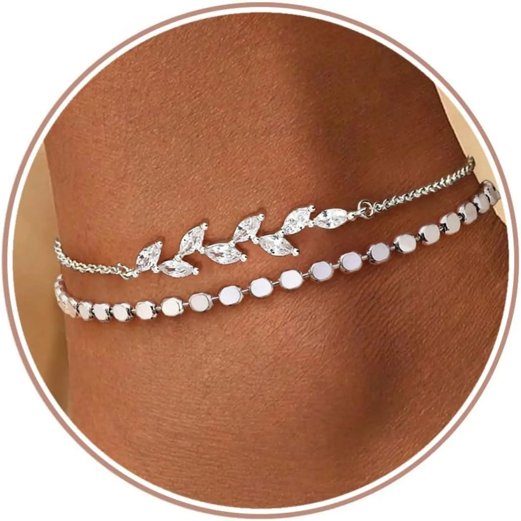 Cassieca Adjustable Silver Ankle Bracelet - 2PC Stackable