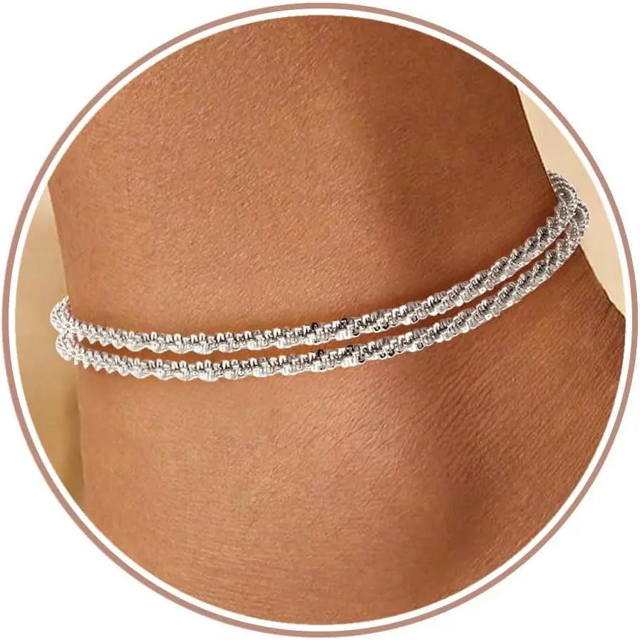Cassieca Adjustable Silver Ankle Bracelet - 2PC Stackable