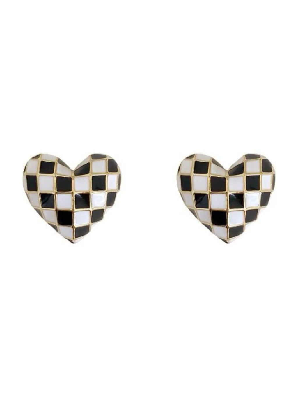 Checkerboard Heart-Shaped Enamel Stud Earrings
