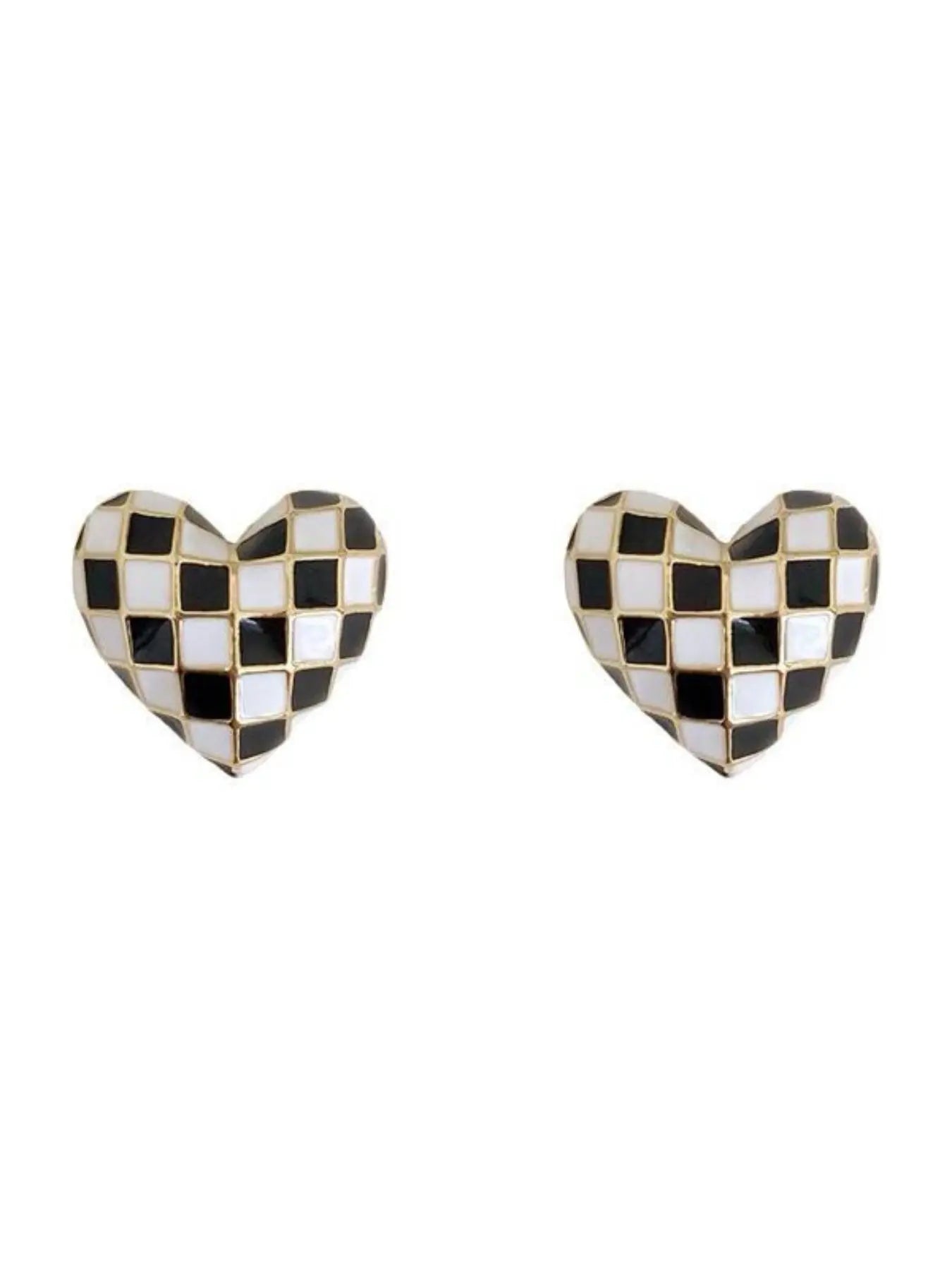 Checkerboard Heart-Shaped Enamel Stud Earrings