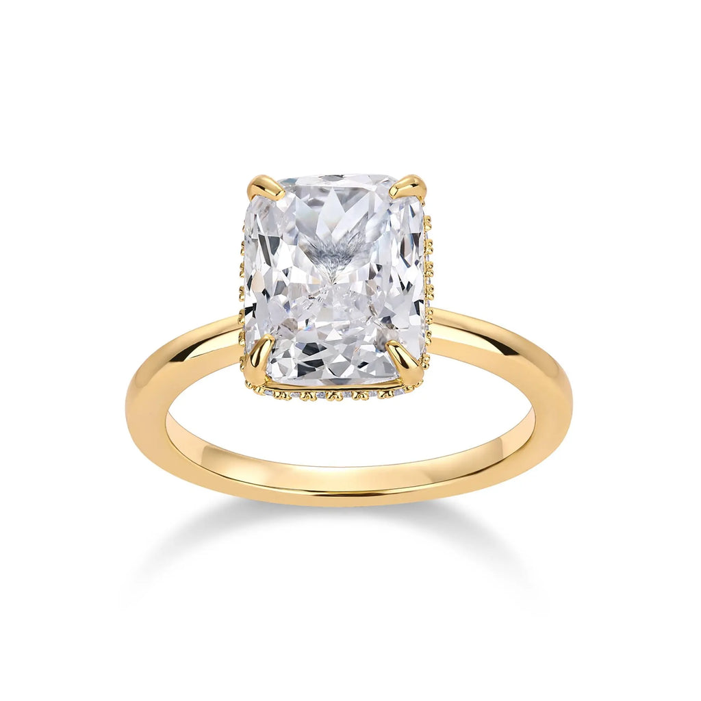 PAVOI 14K Gold Plated 3.5CT Square Radiant Cubic Zirconia Engagement and Promise Ring for Women with Hidden Halo Design