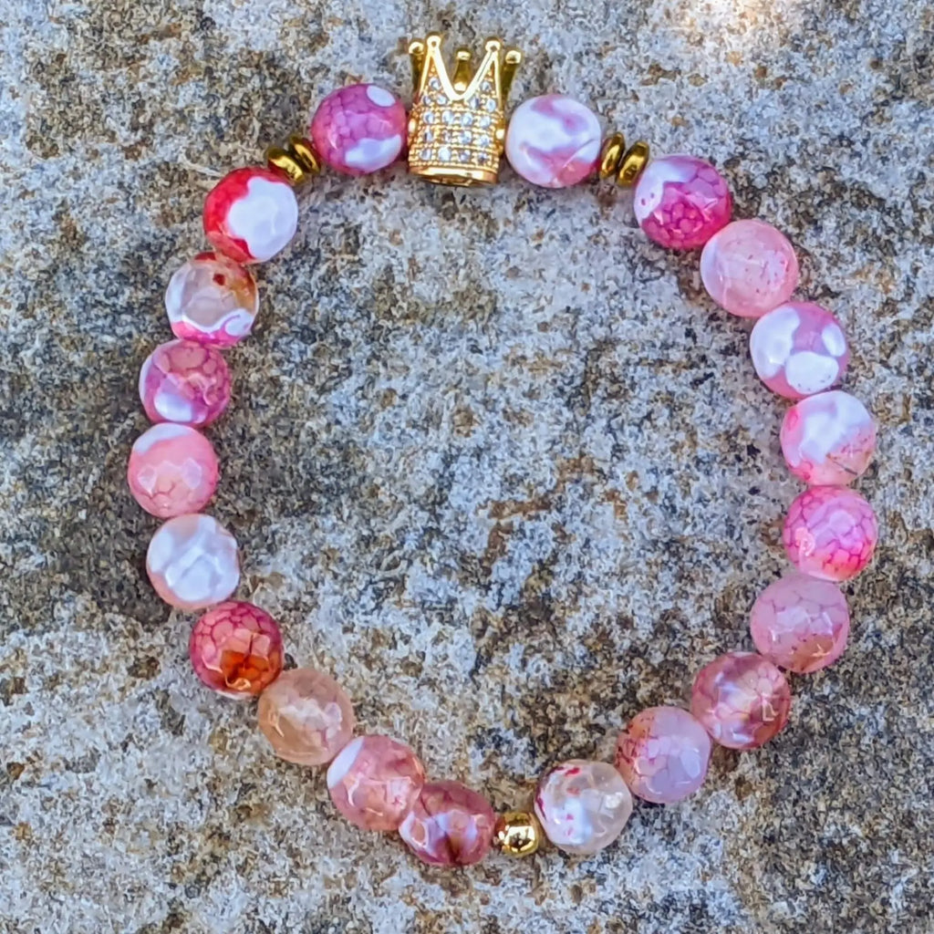 Golden Crown Bracelet featuring White and Pink Agate with Hematite Accents