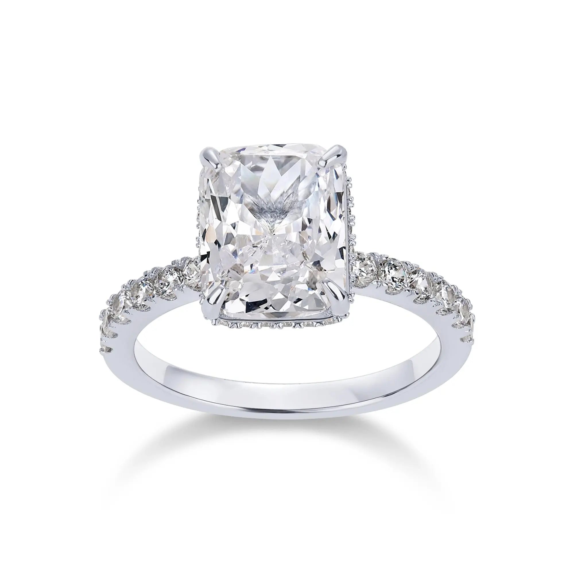 PAVOI 14K Gold Plated 3.5CT Square Radiant Cubic Zirconia Engagement and Promise Ring for Women with Hidden Halo Design