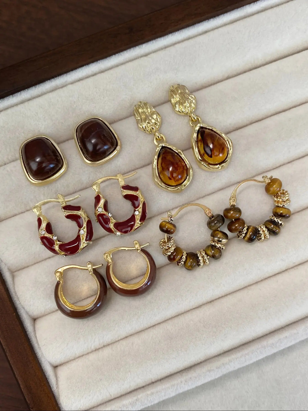 Tiger Eye Stone Hoop Earring Set