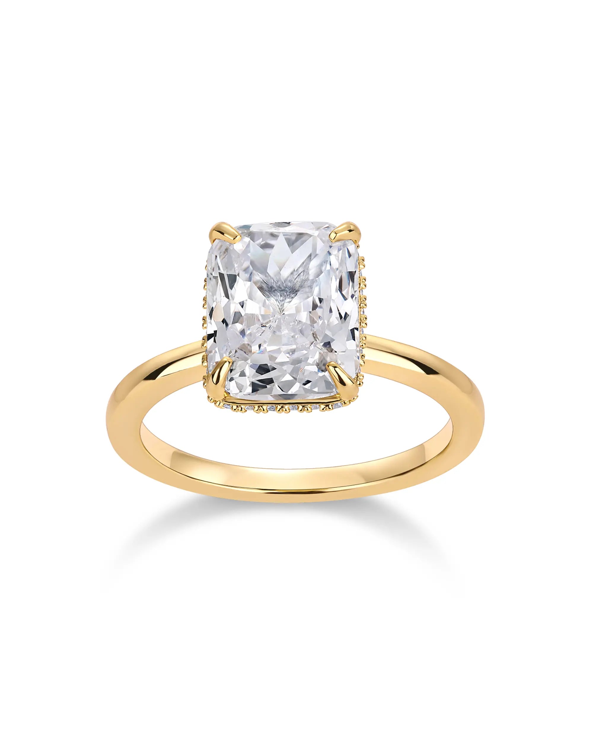 PAVOI 14K Gold Plated 3.5CT Square Radiant Cubic Zirconia Engagement and Promise Ring for Women with Hidden Halo Design