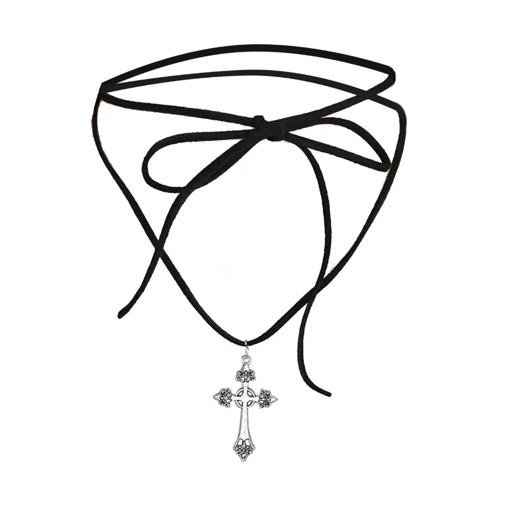 Alloy Cross Pendant Choker Necklace with Tie Neckband