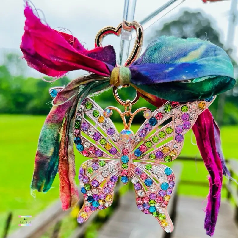 Rhinestone Butterfly Dreams Watercolor Rainbow Sari Silk Bow Bag Charm