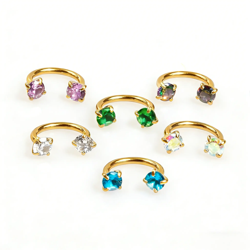 6-Piece Titanium Horseshoe Nose Hoop Set – 18G, CZ Gems, Gold & Silver