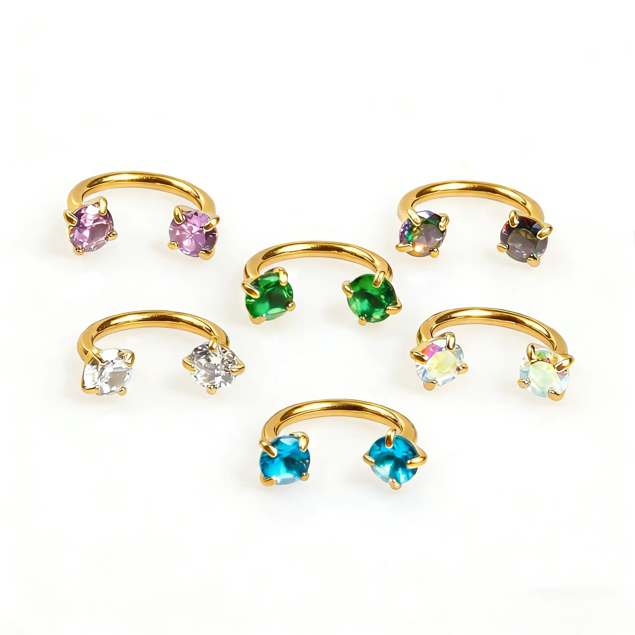 6-Piece Titanium Horseshoe Nose Hoop Set – 18G, CZ Gems, Gold & Silver