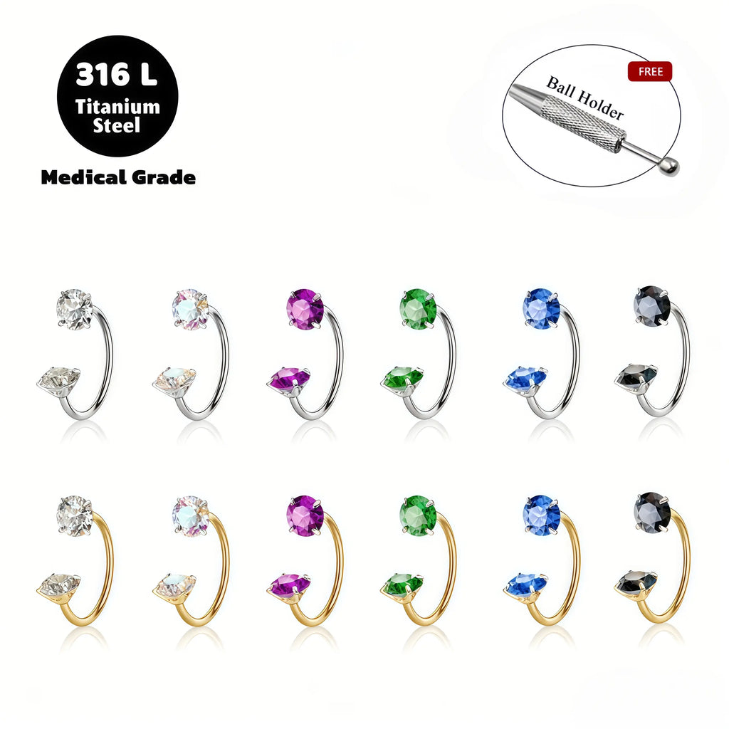6-Piece Titanium Horseshoe Nose Hoop Set – 18G, CZ Gems, Gold & Silver