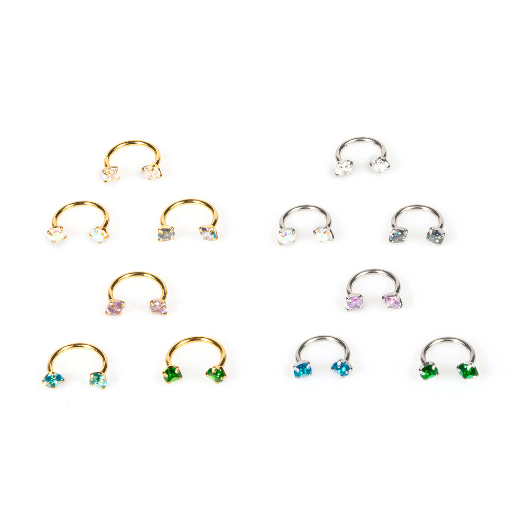 6-Piece Titanium Horseshoe Nose Hoop Set – 18G, CZ Gems, Gold & Silver