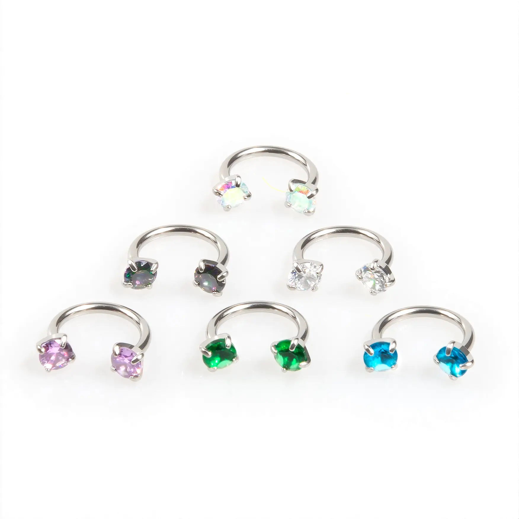 6-Piece Titanium Horseshoe Nose Hoop Set – 18G, CZ Gems, Gold & Silver