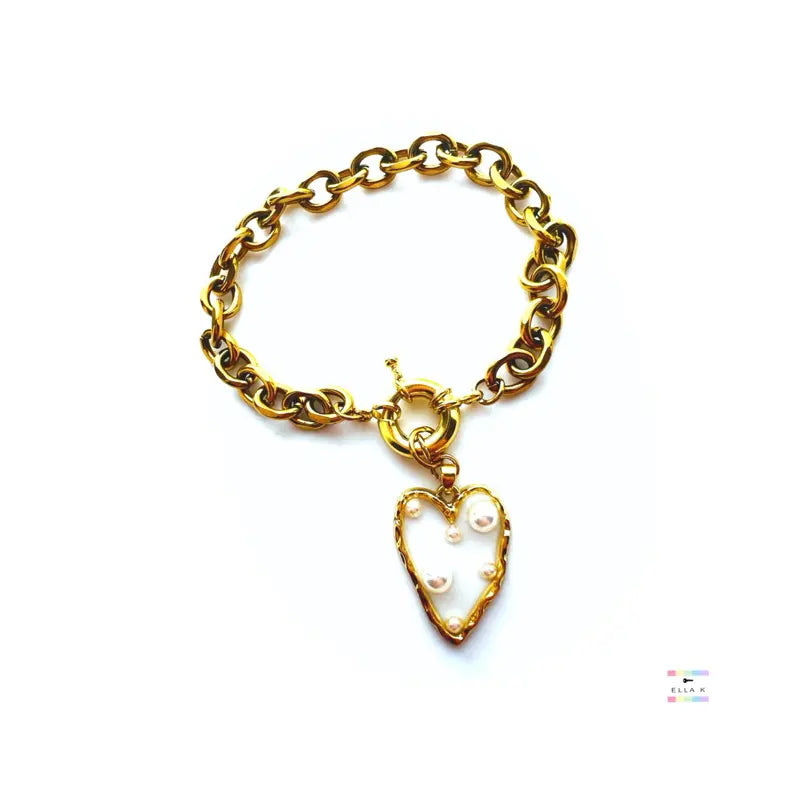 Faux Pearl Heart Charm Gold Chunky Bracelet