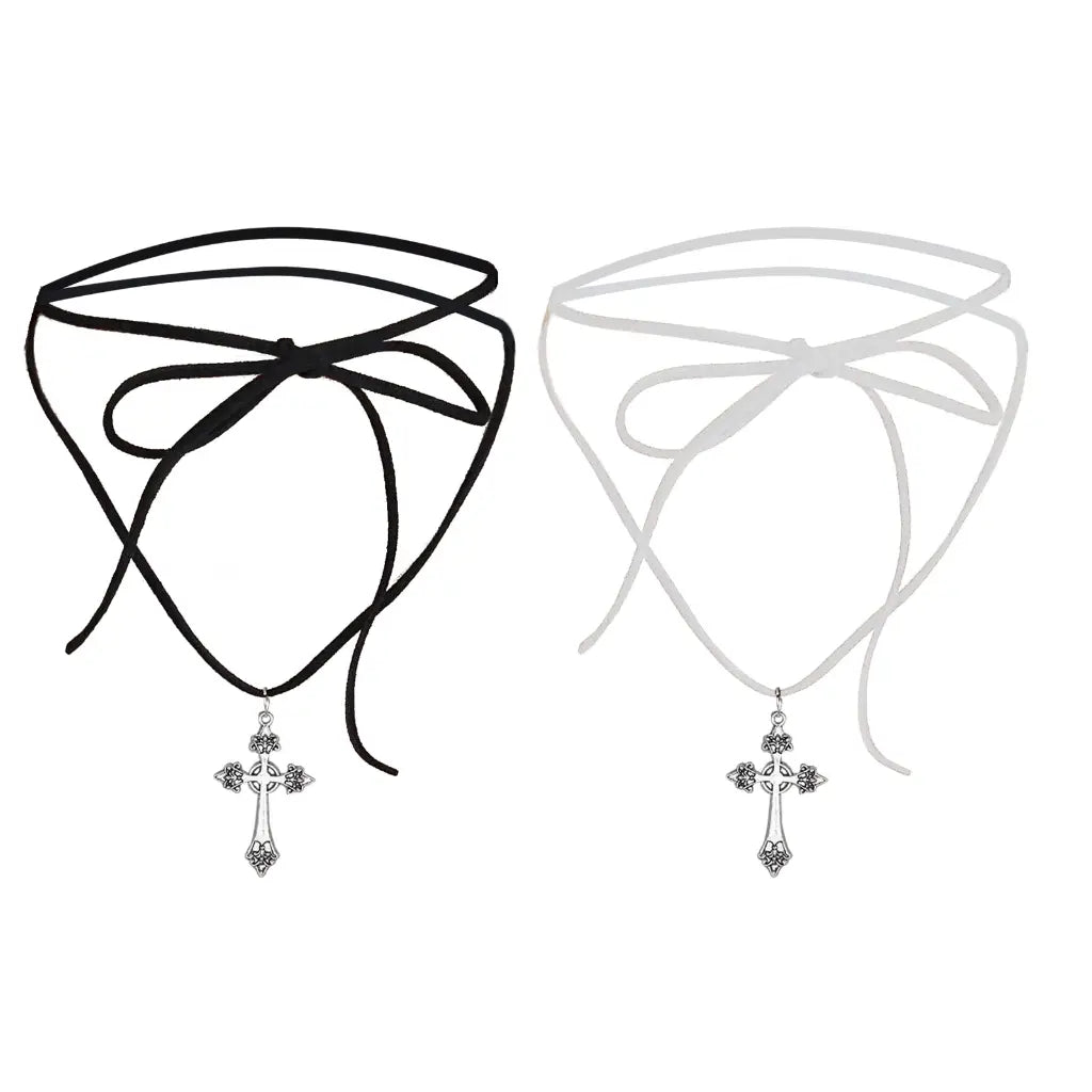 Alloy Cross Pendant Choker Necklace with Tie Neckband