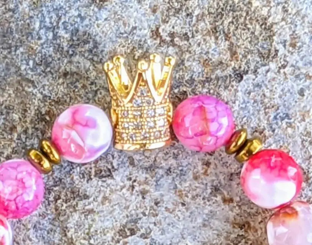 Golden Crown Bracelet featuring White and Pink Agate with Hematite Accents