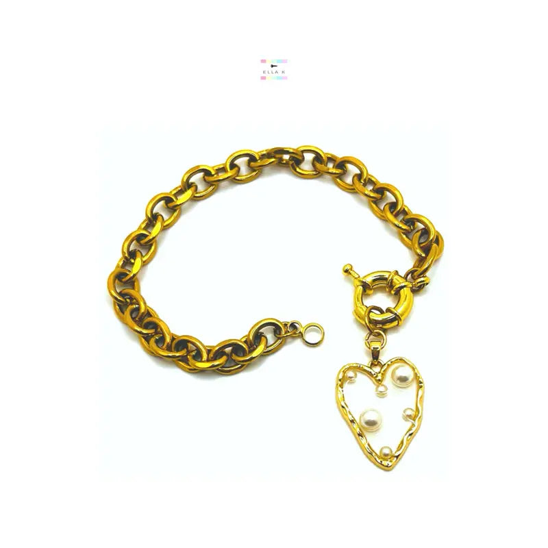 Faux Pearl Heart Charm Gold Chunky Bracelet