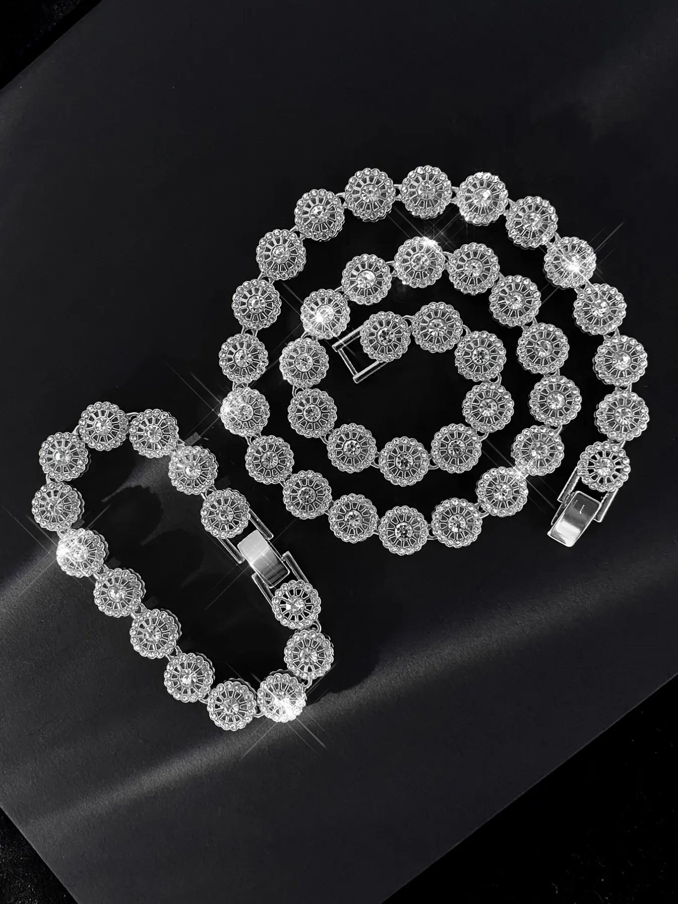 Rhinestone-Embellished Tennis Necklace and Bracelet Set