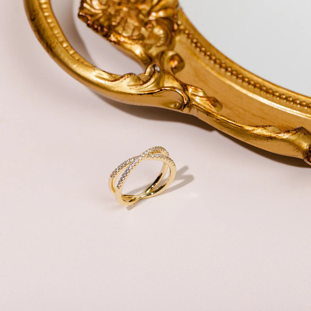 PAVOI 14K Gold Plated Women's Criss Cross Ring with Simulated Diamond CZ