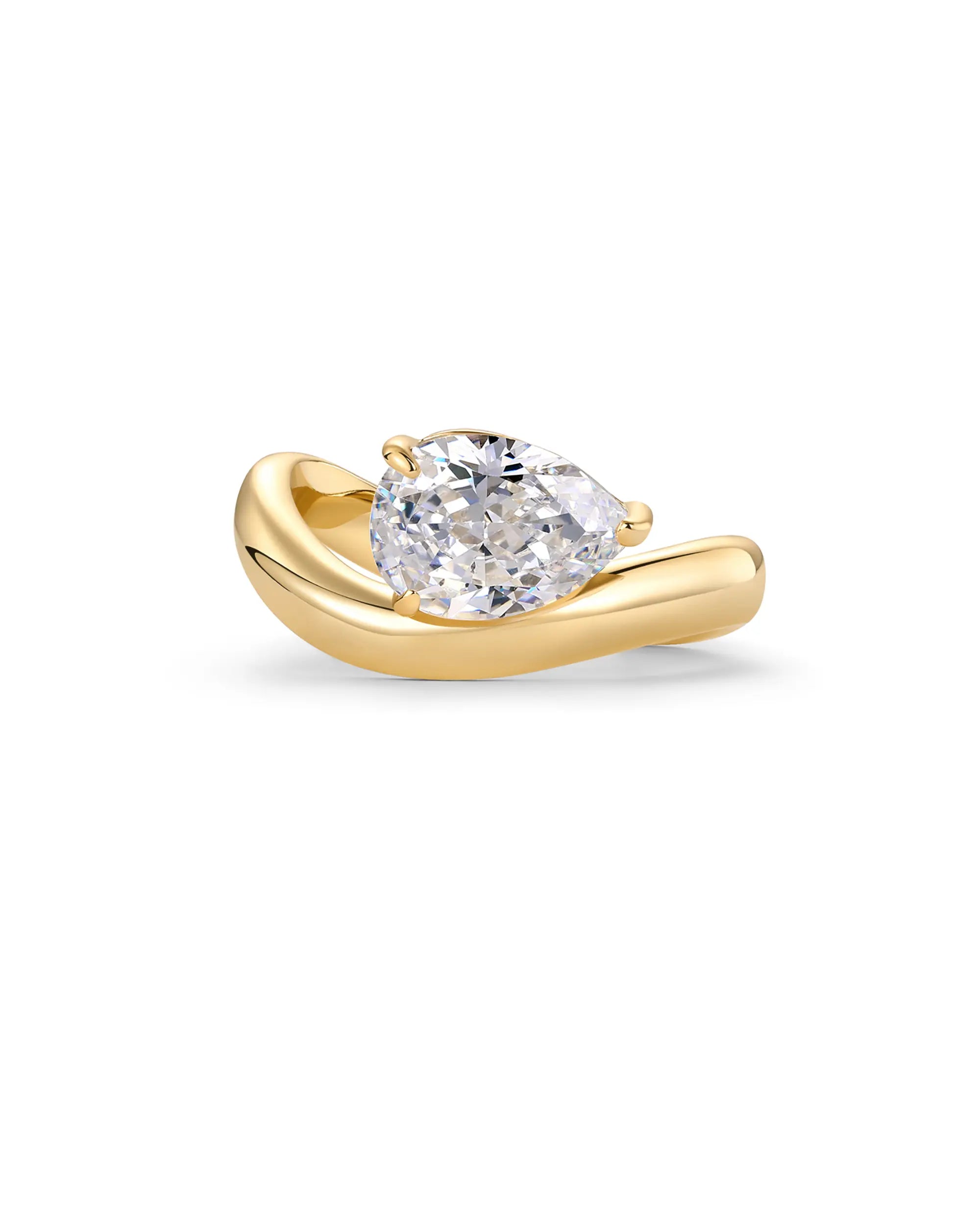 PAVOI 14K Gold Plated Pear Solitaire Premium Cubic Zirconia Engagement Ring for Women | Elegant Faux Wedding Ring | Wavy Band Promise Ring
