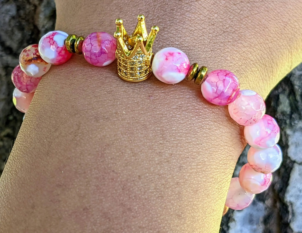 Golden Crown Bracelet featuring White and Pink Agate with Hematite Accents