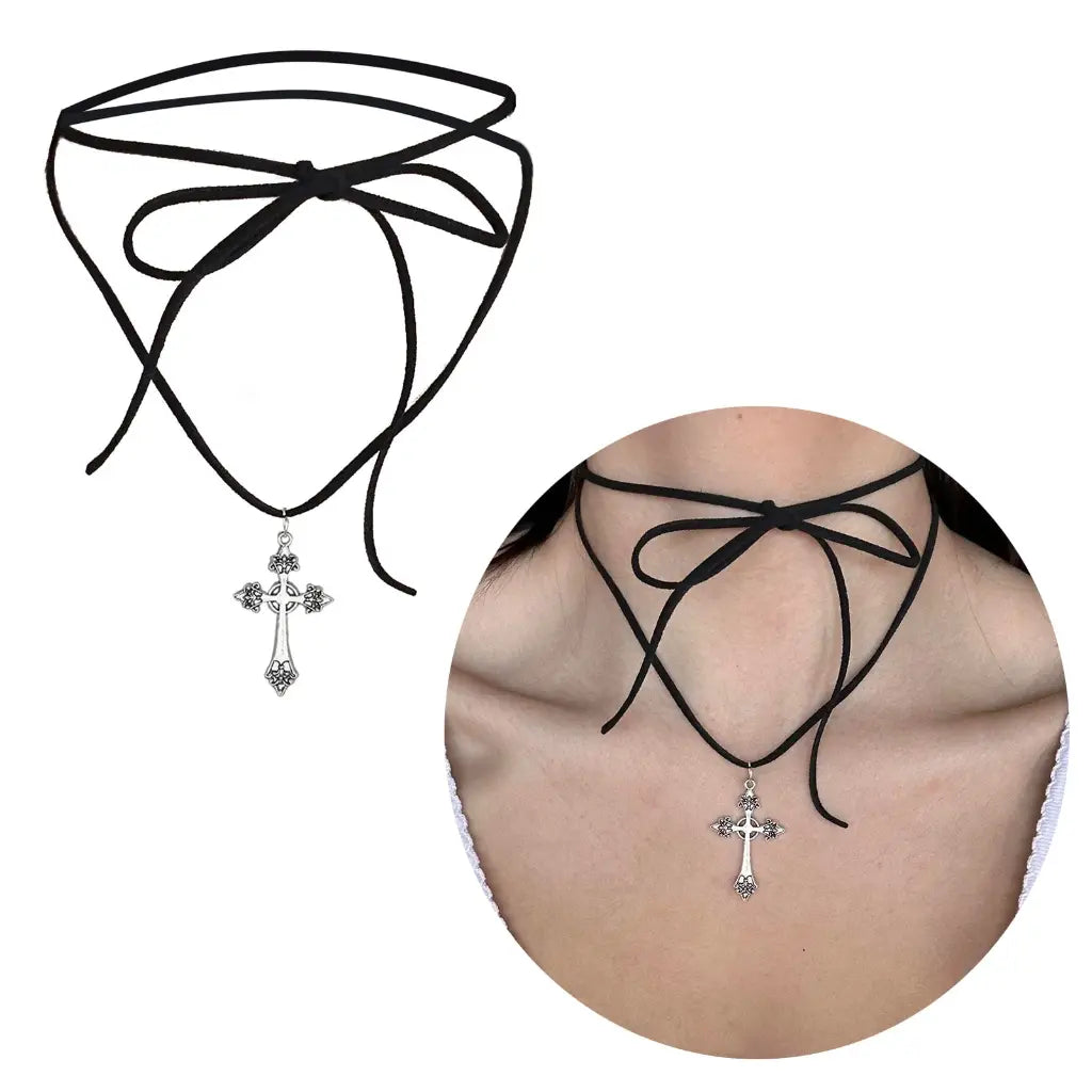 Alloy Cross Pendant Choker Necklace with Tie Neckband