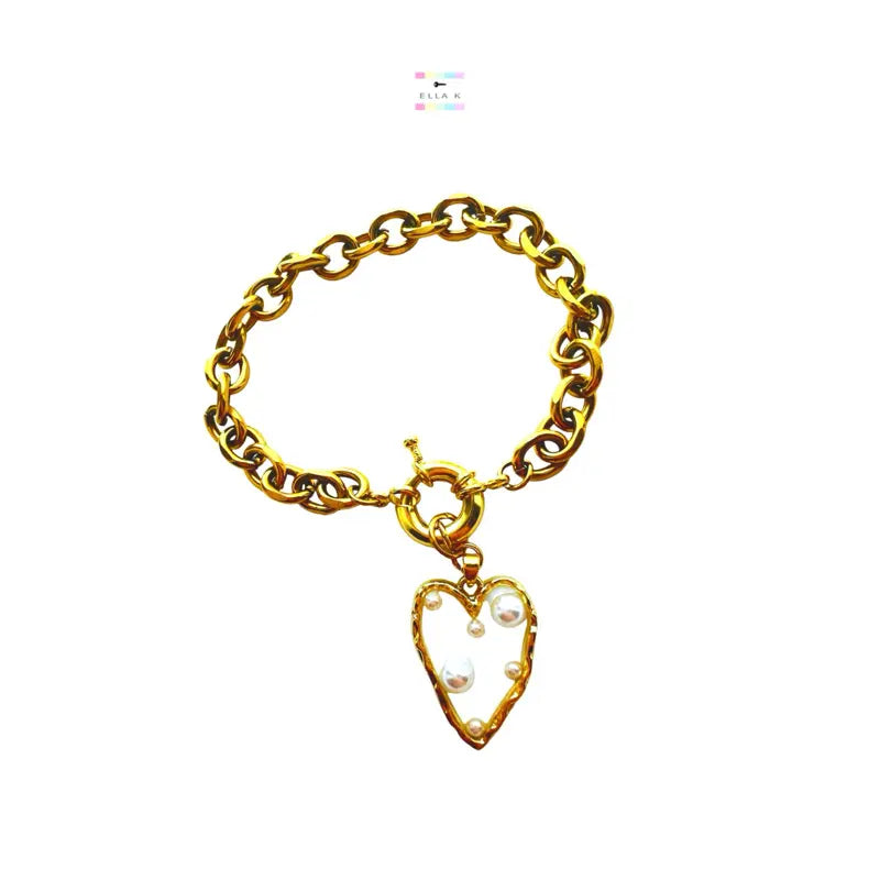 Faux Pearl Heart Charm Gold Chunky Bracelet
