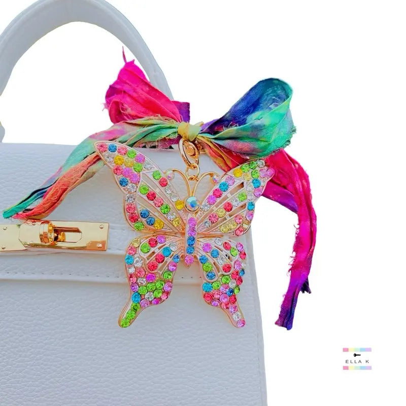 Rhinestone Butterfly Dreams Watercolor Rainbow Sari Silk Bow Bag Charm