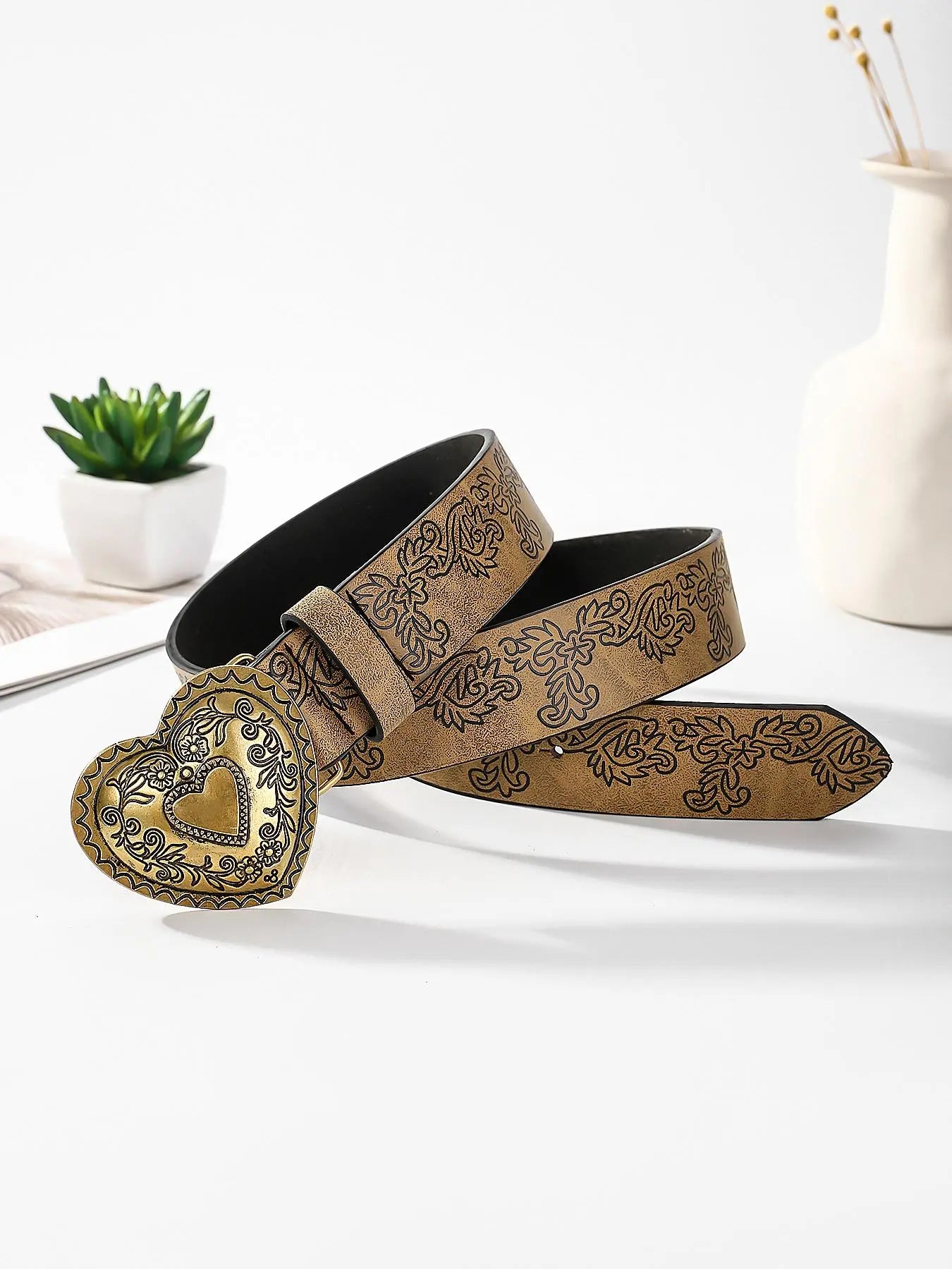Boho Heart Embossed Buckle Belt