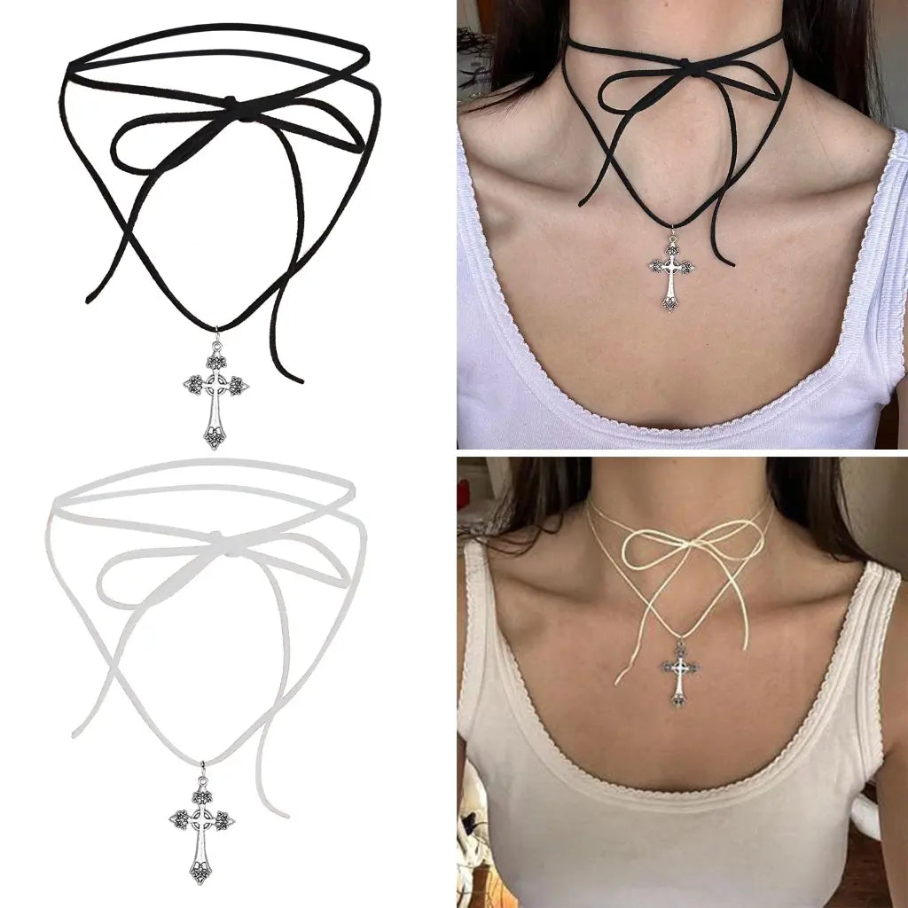 Alloy Cross Pendant Choker Necklace with Tie Neckband