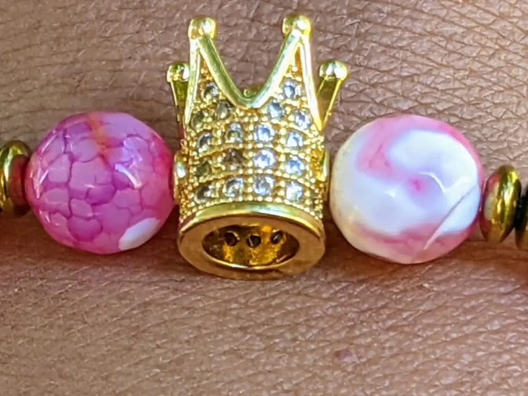 Golden Crown Bracelet featuring White and Pink Agate with Hematite Accents