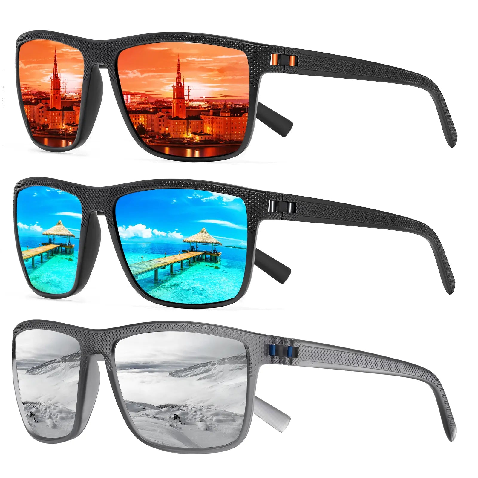 Turbo Pep Unisex Polarized Square Sunglasses - 3 Pairs