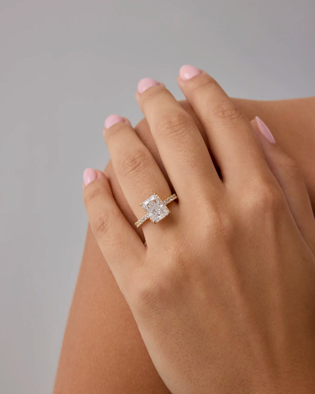 PAVOI 14K Gold Plated 3.5CT Square Radiant Cubic Zirconia Engagement and Promise Ring for Women with Hidden Halo Design