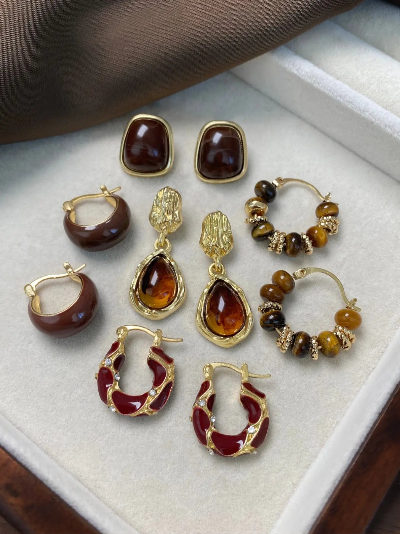 Tiger Eye Stone Hoop Earring Set