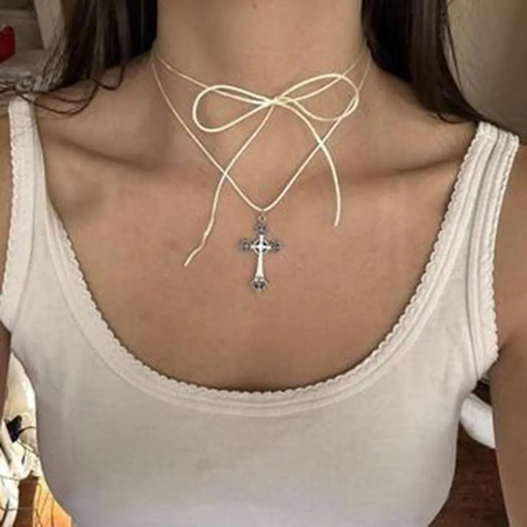 Alloy Cross Pendant Choker Necklace with Tie Neckband